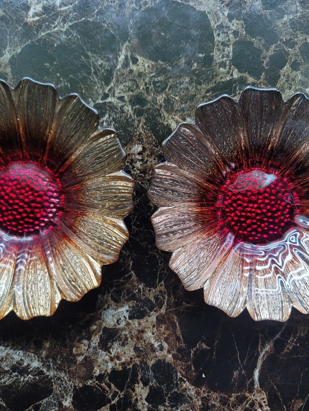 Ganz Set of Two Sunflower Glass Bowls Trinket Dish Vibrant Colors Silver Gold